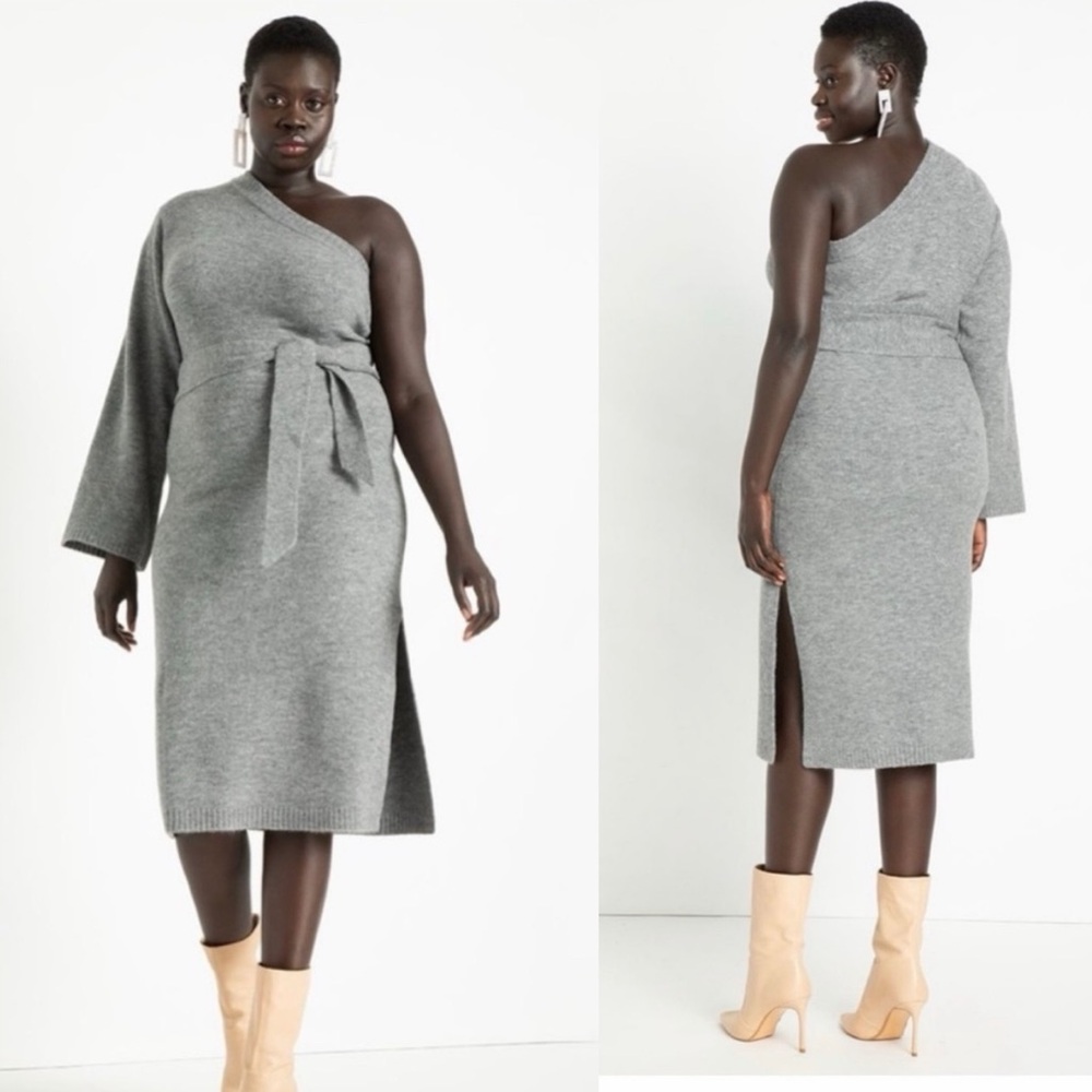 Eloquii Gray One Shoulder Sweater Dress Tie Waist Size 22/24 Wool Blend